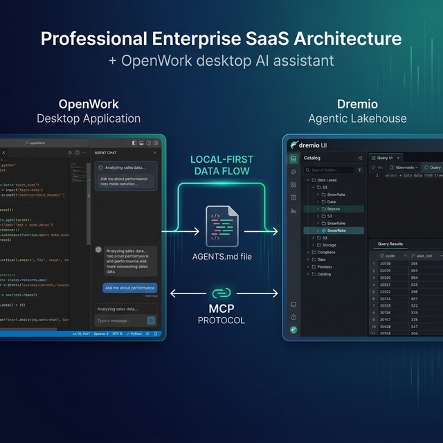 OpenWork desktop AI assistant connecting to Dremio Agentic Lakehouse
