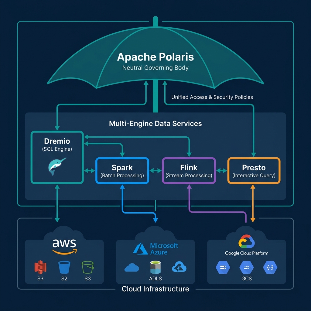 Diagram showing Apache Polaris serving as the neutral governing body spanning different clouds and engines