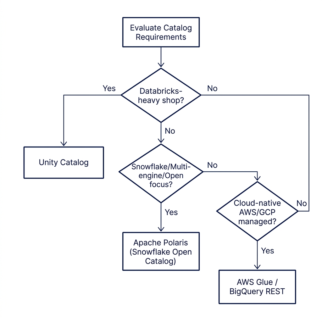 Flowchart decision tree helping engineers evaluate catalog requirements and select the correct Iceberg control plane