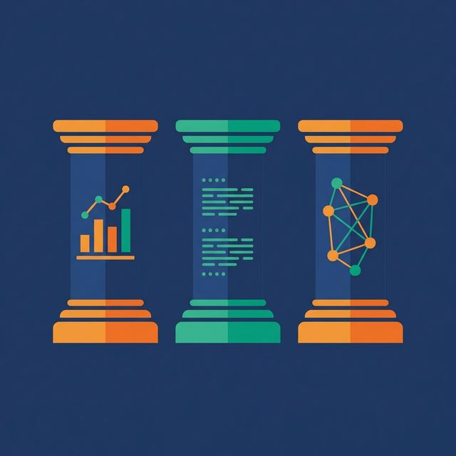 Three pillars: metrics tracking counts and timing, logs recording execution details, lineage mapping data flow