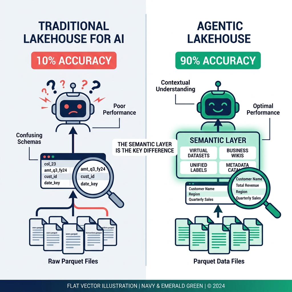 Traditional lakehouse vs agentic lakehouse for AI agents